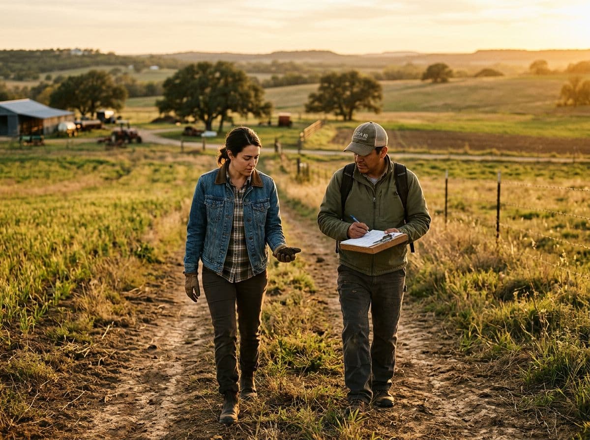 Two people walking a farm property examining soil conditions