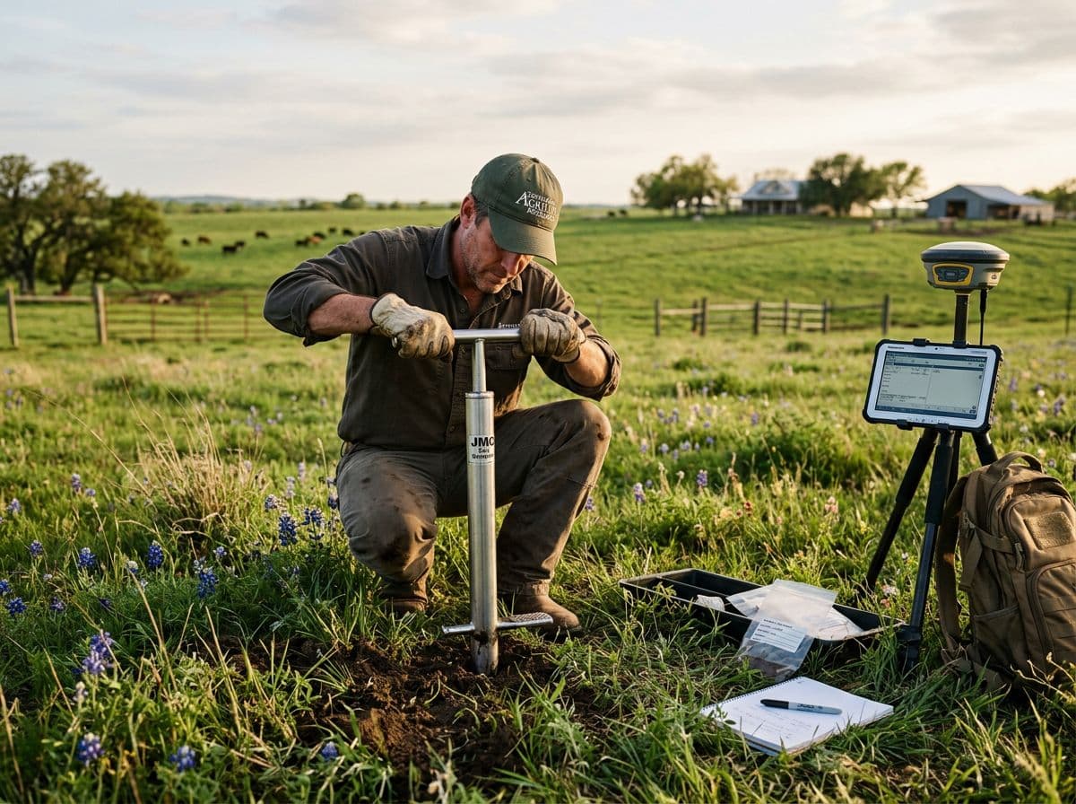 Field technician collecting soil core samples with GPS equipment