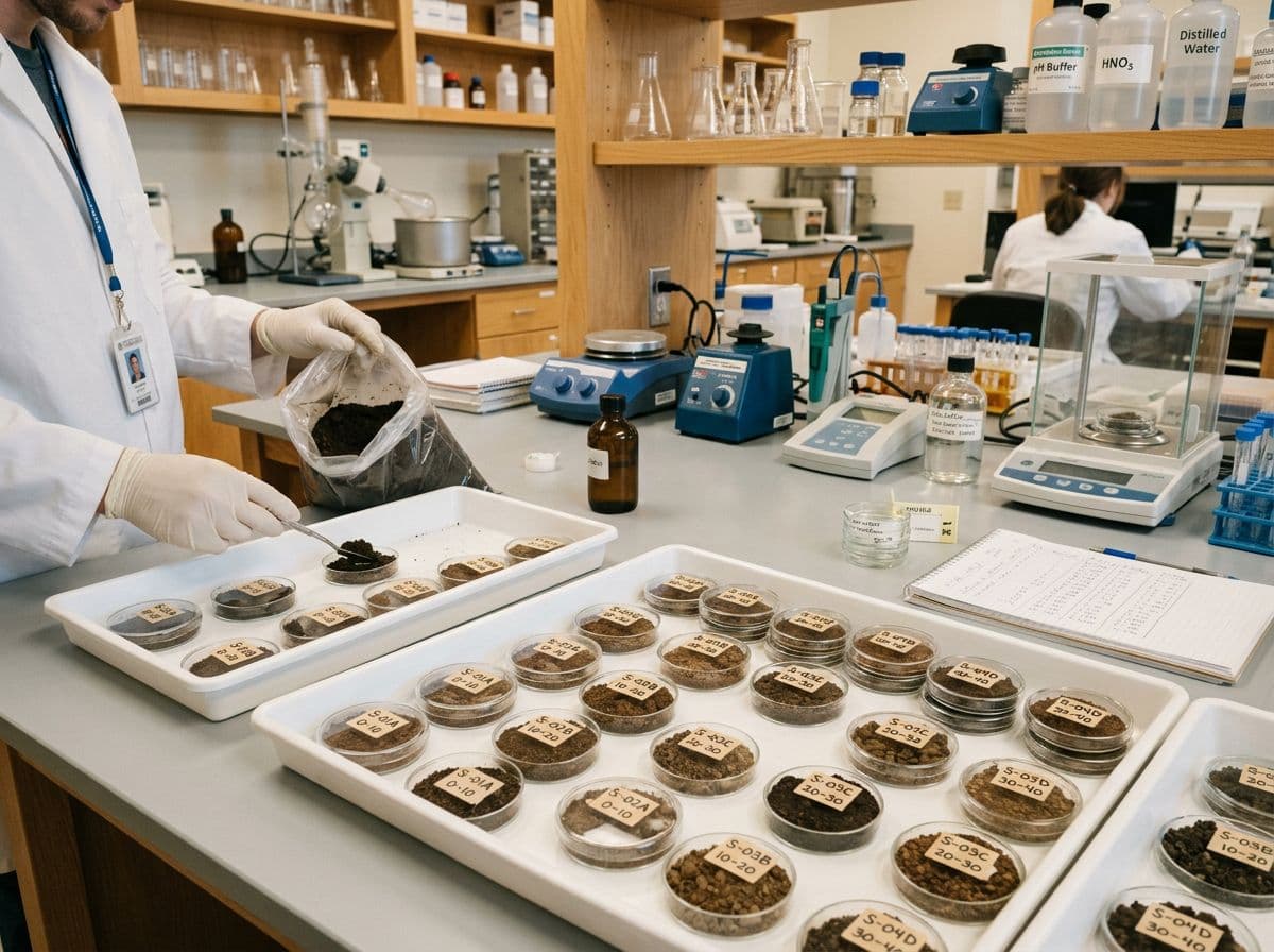 Soil samples in laboratory trays with scientific testing equipment