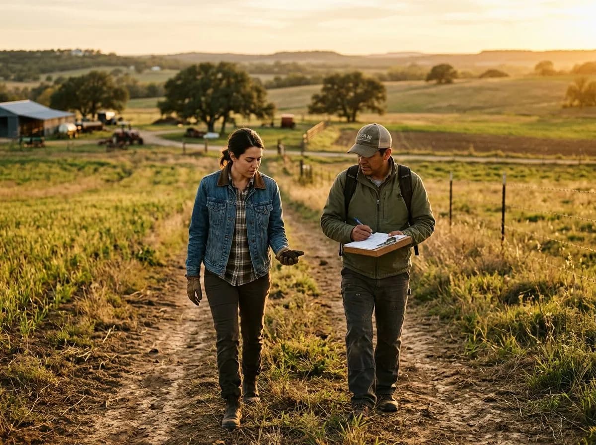 Two people walking a farm property examining soil conditions